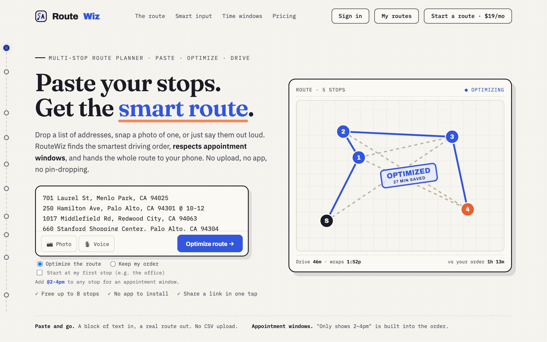 Screenshot of the RouteWiz website