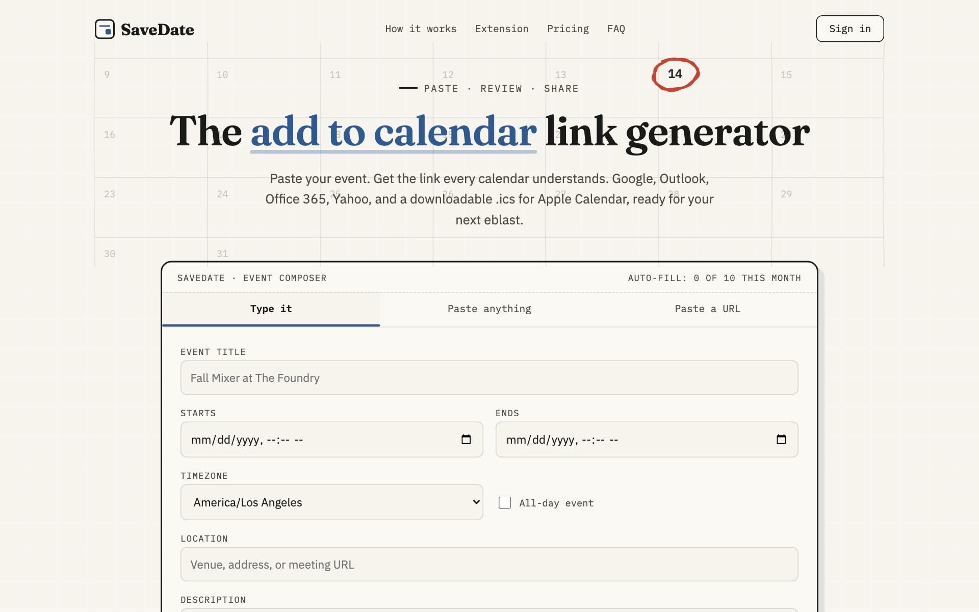 Screenshot of the SaveDate website